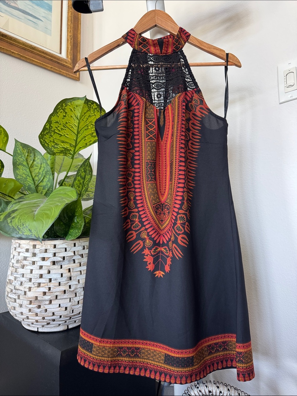 American Rag Boho Lace Crochet Halter Mini Dress Sz S Black Orange